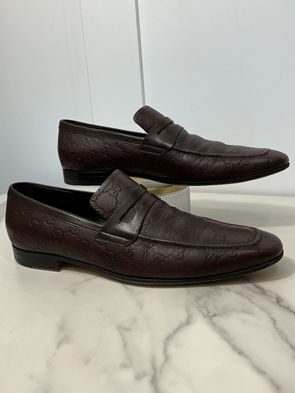 GUCCI Guccissima Dark Brown Leather Penny Loafers GG Monogram Italy Size 11 D